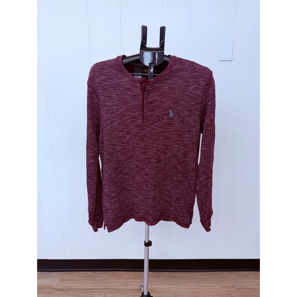 U.S. Polo Assn. Henley Shirt Mens Medium Maroon Excellent Space Dye Long Sleeve